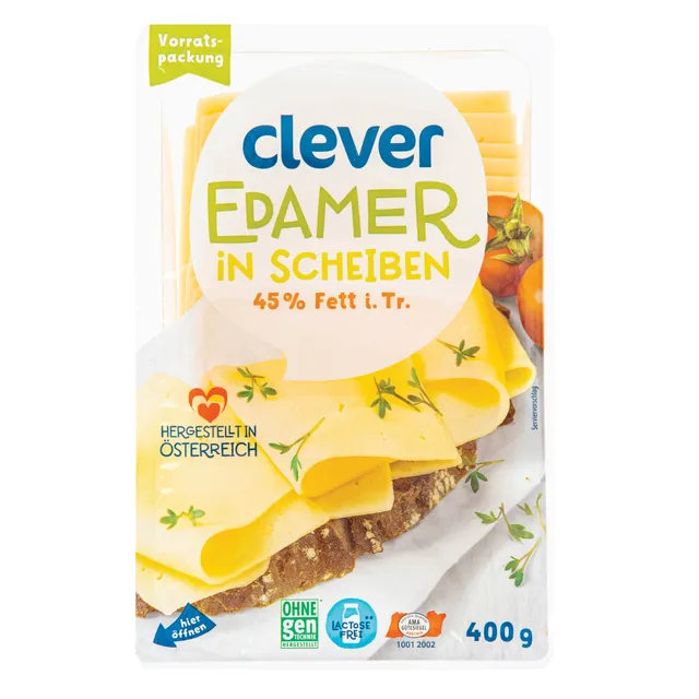 Sūris Edamas riekutėmis CLEVER, 45% rieb., 400 g