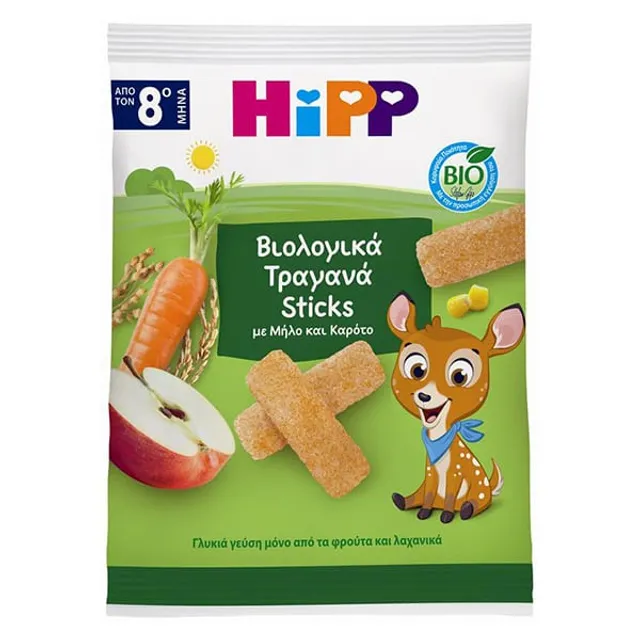 Ekologiškos traškios lazdelės su obuoliais ir morkomis nuo 8mėn.  HiPP, 30 g