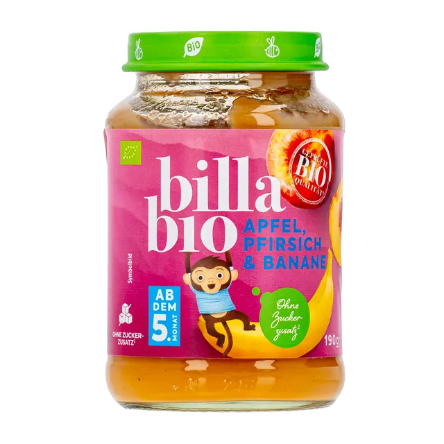 Tyrelė su obuoliais, bananais ir persikais BILLA BIO, 190 g