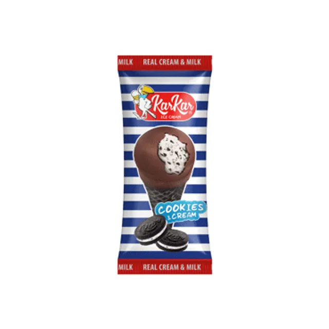 Cookie ice cream with filling in sugar waffle cone and cocoa coating KAR KAR, 150ml