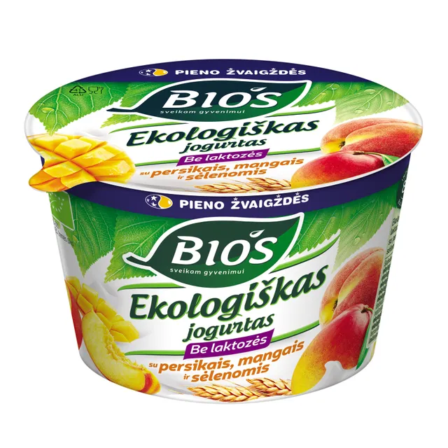 Ekologiškas jogurtas be laktozės su persikais, mangais ir sėlenomis BIOS, 3,1% rieb., 200 g