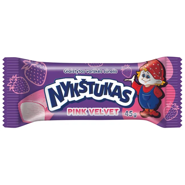 Varškės sūrelis NYKŠTUKAS PINK VELVET su braškėmis braškiniame glaiste, 45 g