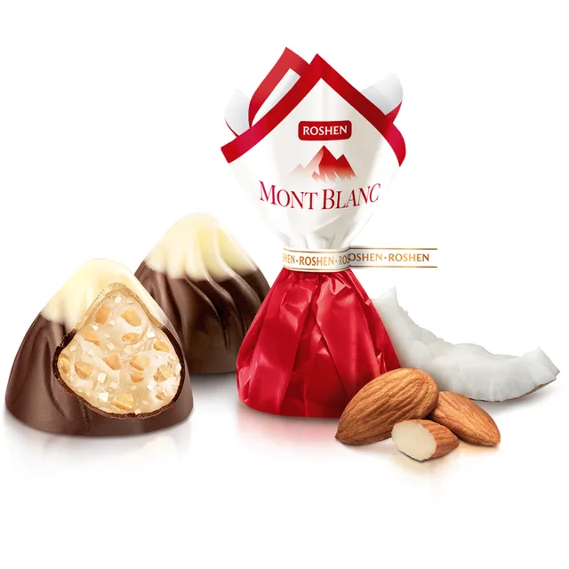 Milk chocolate candies with almonds and coconut cream ROSHEN MONT BLANC