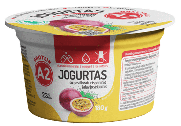 Jogurtas iš A2 pieno be laktoz. su pasiflorais, šalavijo sėklomis, 2,3% rieb., 180 g