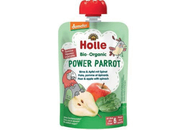 Ekologiška  kriaušių, obuolių, špinatų tyrelė HOLLE POWER PARROT 6+ mėn., 100 g