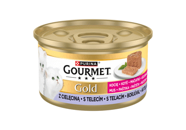 Visavertis šlapiasis ėdalas kačiukams „GOURMET GOLD “ su veršiena, 85 g skardinė
