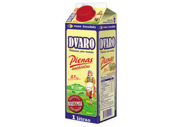 Pienas DVARO ne mažiau kaip 3,5 % rieb., pasterizuotas, 1 l