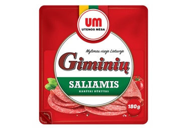 Hot smoked GIMINIŲ salami (slices), I r., 180 g