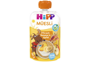 Obuolių, persikų, bananų tyrelė su jogurtu ir grūdais, 120 ml