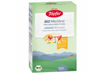 Ekologiška pieniška avižų košė TOPFER su obuoliais, vanile, nuo 6 mėn., 200 g