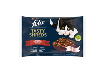 Kačių ėdalas FELIX TASTY SHREDS su įvairia mėsa, 4 x 80 g, 320 g