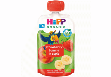 Ekologiška obuolių, braškių, bananų tyrelė HIPP, nuo 4 mėn., 100 g
