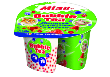 Jogurtas MIAU su braškių ir juododios arbatos skonioburbuliukais BUBBLE TEA, 3 % rieb., 140 g