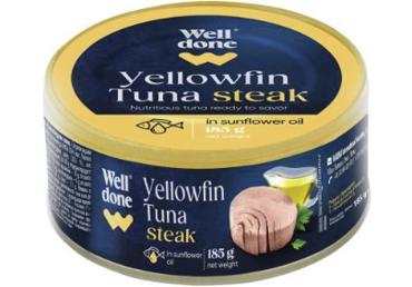 Tunų pjausniai saulėgrąžų aliejuje WELL DONE, 185 g