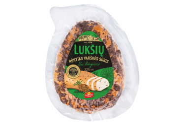 LUKŠIŲ rūkytas varškės sūris su kmynais, 22 % rieb. s. m., 230 g