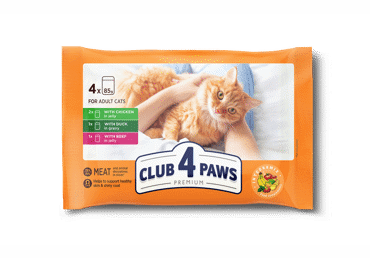 Club 4 Paws Premium su antiena padaže, vištiena ir jautiena, konservuotas pašaras suaugusioms katėms, 4 x 85 g