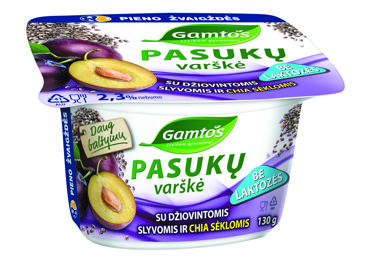 Pasukų varškė be laktozės GAMTOS  su džiovintomis slyvomis ir chia sėklomis, 2,3% rieb., 130 g