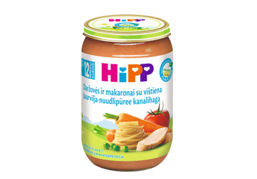Ekologiška daržovių tyrelė HIPP su makaronais ir vištiena, nuo 12 mėn., 220 g