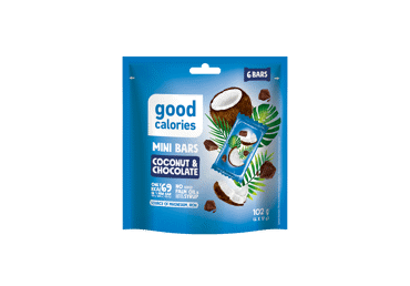 Mini riešutų batonėliai GOOD CALORIES su kokosais ir šokoladu, 102 g
