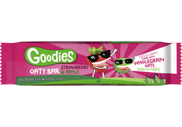 Avižų batonėlis GOODIES su obuoliais, braškėmis, 36+ mėn., 23 g