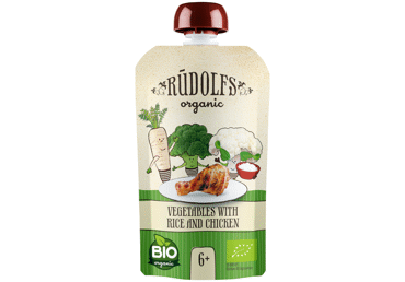 Ekologiška daržovių tyrelė RŪDOLFS su ryžiais, vištiena, 6+ mėn., 110 g