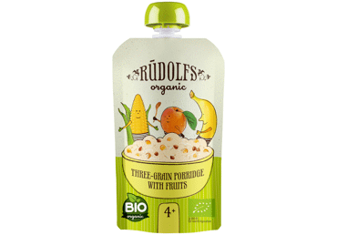 Trijų rūšių grūdų košė RŪDOLFS BIO su vaisiais, nuo 4 mėn., 110 g