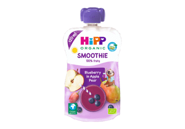 Ekologiškas obuolių, kriaušių,mėlynių glotnutis HIPP nuo 12 mėn., 120 ml