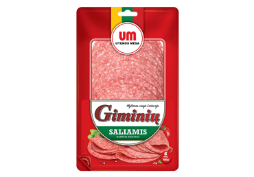 Hot smoked GIMINIŲ salami (slices), I r., 100 g
