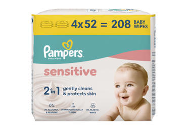 Kūdikių servetėlės PAMPERS Sensitive, Plastic Free, 4x52 vnt.