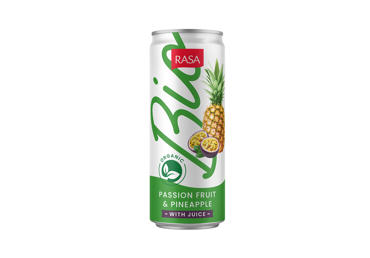 Organic passion fruit and pineapple flavor drink with juice RASA BIO, 330 ml