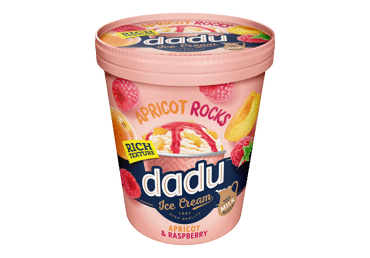 Vaniliniai ledai DADU su abrikosų gabaliukais, aviečių įdaru, 325 g