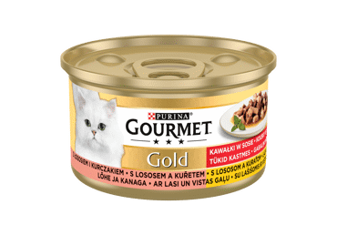 Kons. visavertis kačių ėdalas GOURMET GOLD su lašiš., višt., 85 g