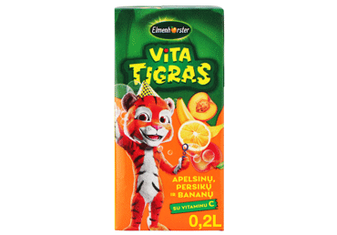 Apelsinų, persikų, bananų gaivusis sulčių gėrimas VITATIGRAS, 200 ml