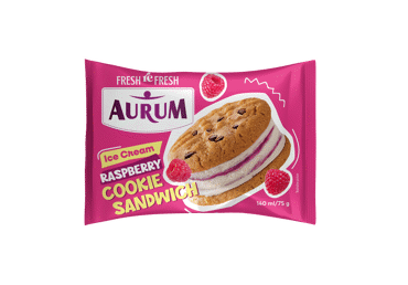 Valgomieji ledai AURUM, vanilės skonio, su aviečių įdaru, 75 g