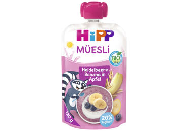 Obuolių, bananų, mėlynių tyrelė su jogurtu ir  grūdais, 120 ml