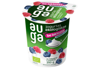 Ekologiškas jogurtas be laktozės su su mėlynėmis ir avietėmis AUGA, 3,5 % rieb., 350 g