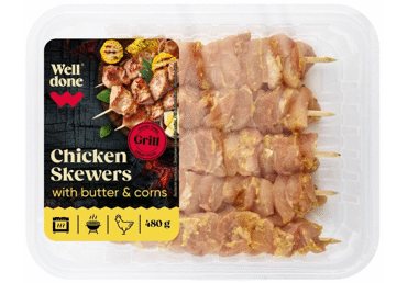 Chicken thigh meat skewers with butter and corn WELL DONE, 480 g