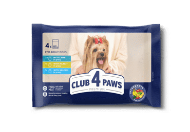 Club 4 Paws Premium su lašiša, triušiena ir ėriena, konservuotas pašaras mažų veislių suaugusiems šunims, 4 x 85 g