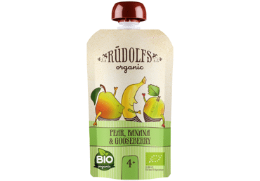 Ekologiška kriaušių, bananų, agrastų tyrelė RŪDOLFS, 4+ mėn., 110 g