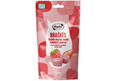 Traškūs braškių skonio karamelės kubeliai RŪTA BRAŠKĖS, 120 g