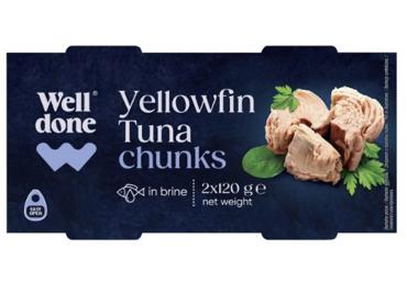 Gelsvauodegių tunų gabaliukai savo sultyse WELL DONE, 240 g
