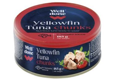 Gelsvauodegių tunų gabaliukai pomidorų padaže WELL DONE, 185 g
