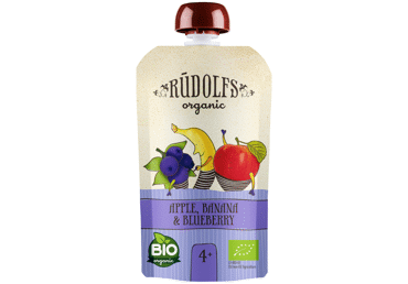 Ekologiška obuolių, bananų, mėlynių tyrelė RŪDOLFS, 4+ mėn., 110 g