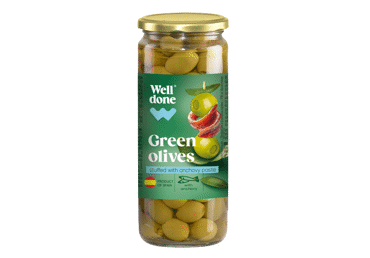 Зеленые оливки WELL DONE, фаршированные анчоусами, 235 g