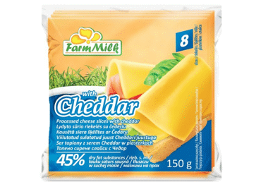 Processed cheese with cheddar FARM MILK, slices, 45% fat, 150 g