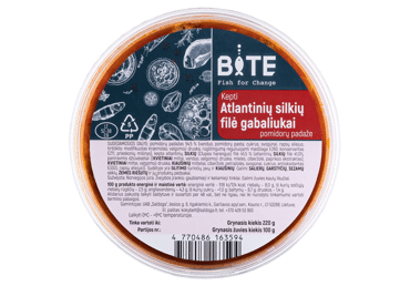 Kepti atlantinių silkių filė gabaliukai pomidorų padaže BITE, 220 g