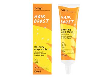Plaukų šampūnas KILIG Hair Boost galvos odos šveitiklis su ricinos aliejumi ir alyvuogių kauliukais, 100 ml