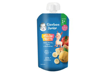 Vaikiška tyrelė GERBER su obuoliais, bananais,  svarainiais ir sausainiais, 110g