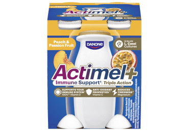 Jogurt. gėrimas ACTIMEL+, persik. ir pasifl. sk., 4 x 100 g, 400 g