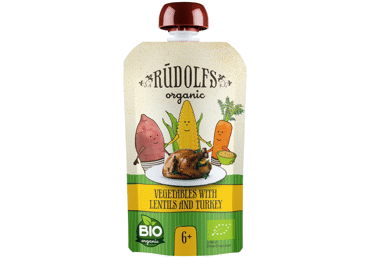Ekologiška daržovių tyrelė RŪDOLFS su lęšiais, kalakutiena, 6+ mėn., 110 g